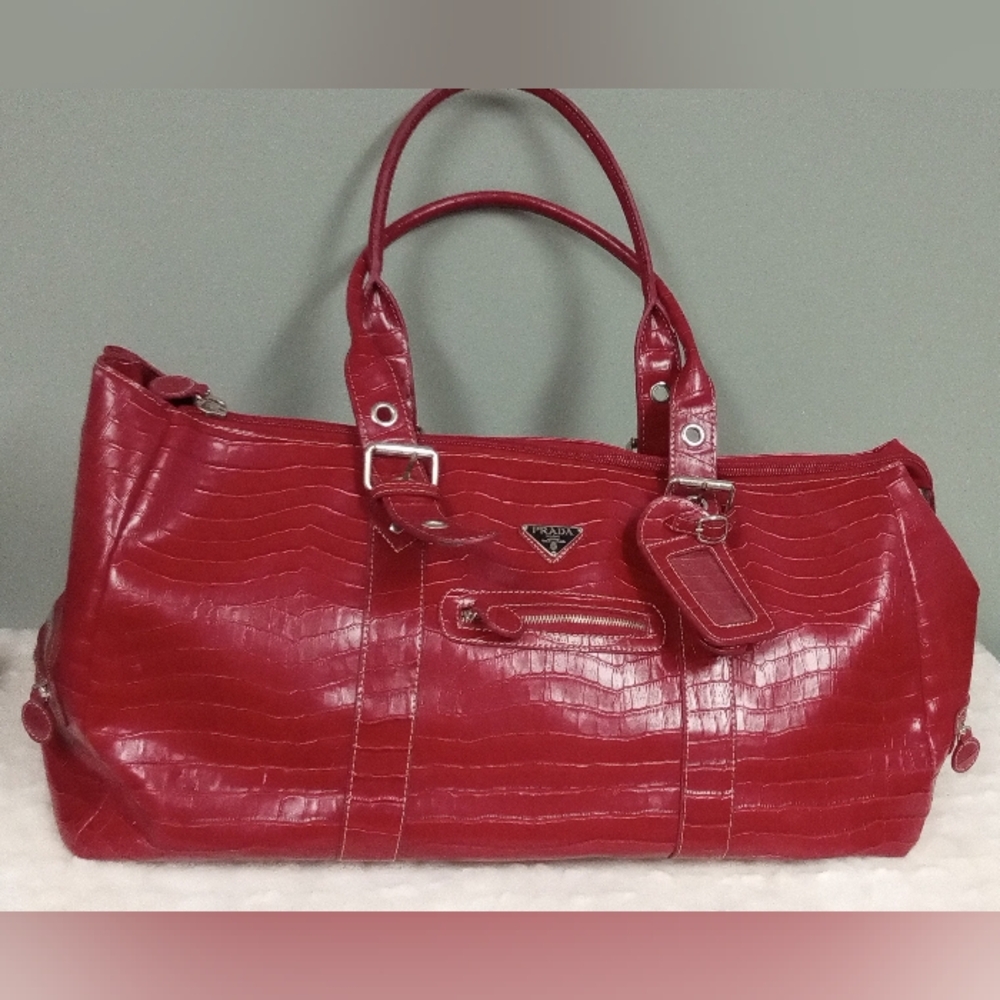 Prada Red Crocodile Embossed Women's Duffel Bag